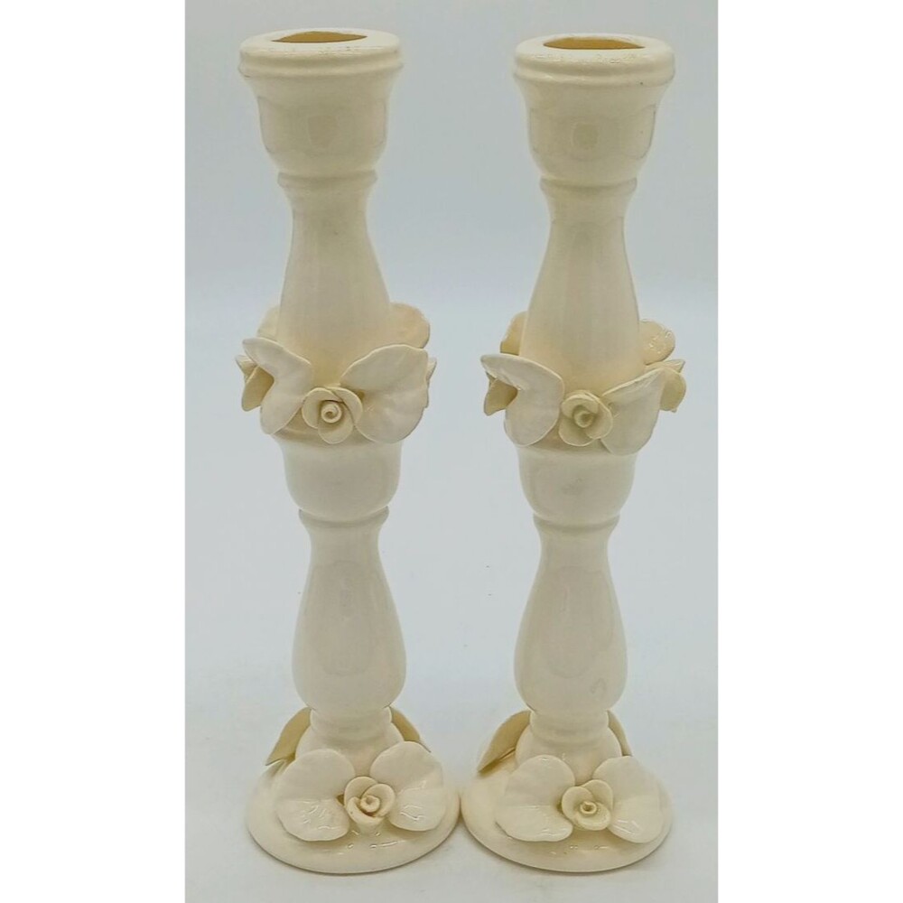 Paper Windows Pottery USA Pair White Taper Candle Holders Applied Roses 10"